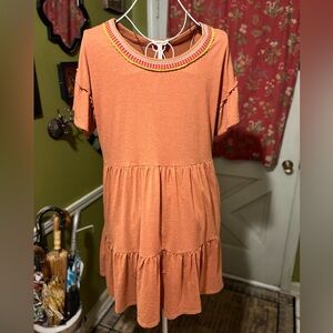 Matilda Jane Rust Orange Tiered Short Sleeve Embroidered Pockets Dress L